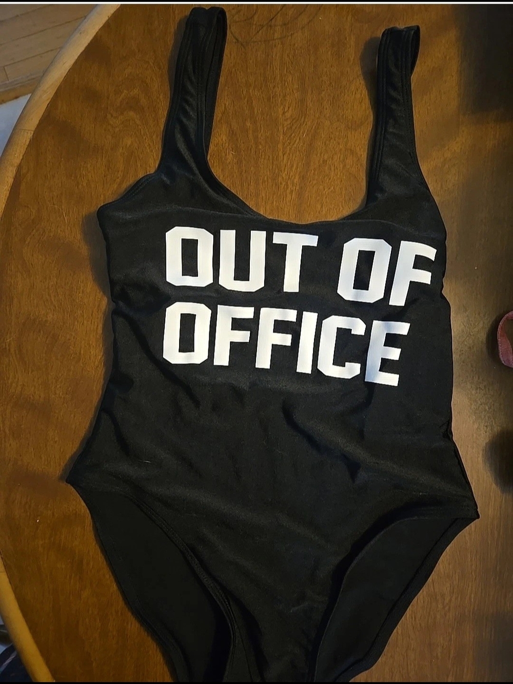 Black One-Piece Swimsuit with "Out of Office" Graphic